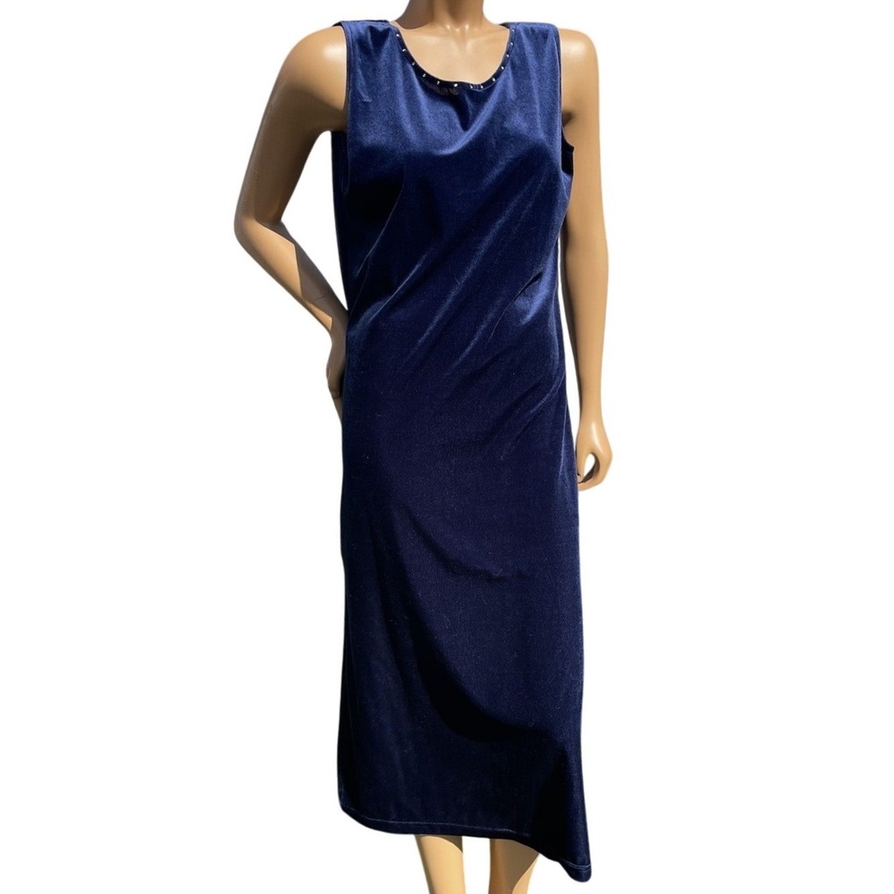 Vintage 1990s Miss & Mrs Blue Crushed Velvet Midi Rhinestone Slit Large Dress